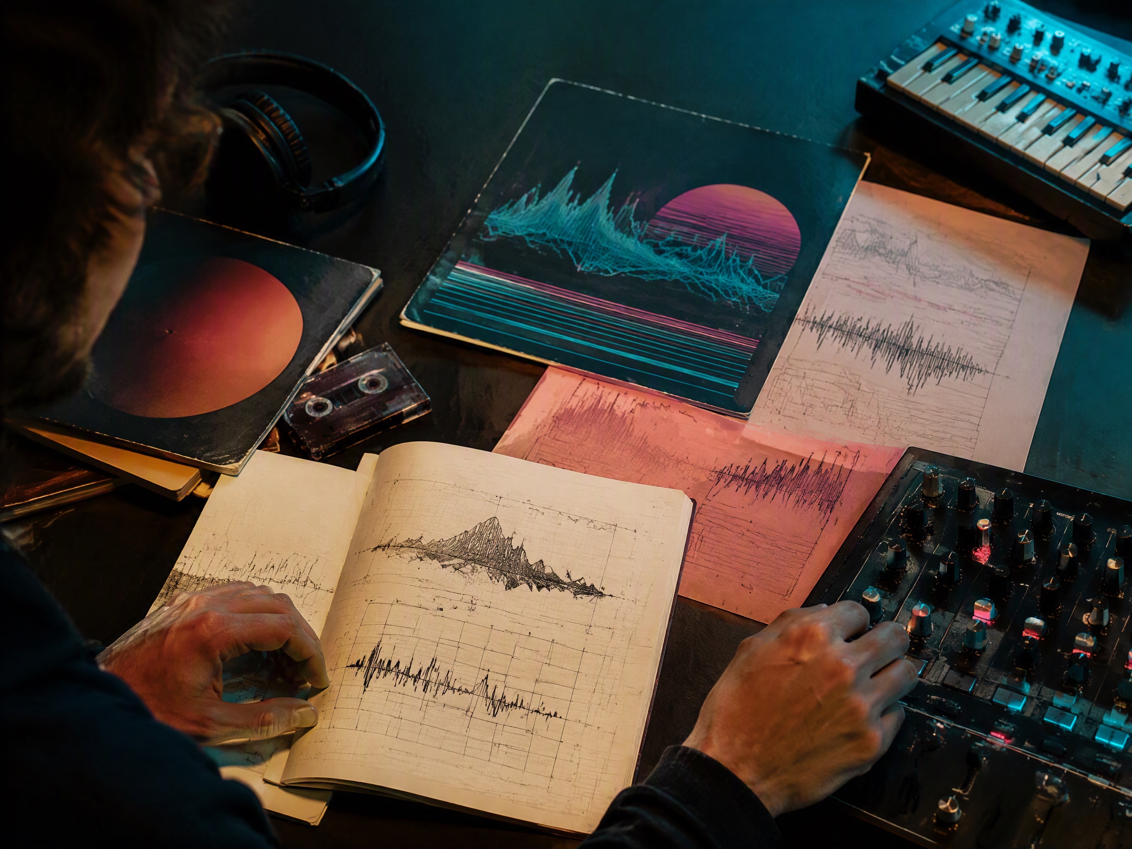 Creative process scene for synthwave music