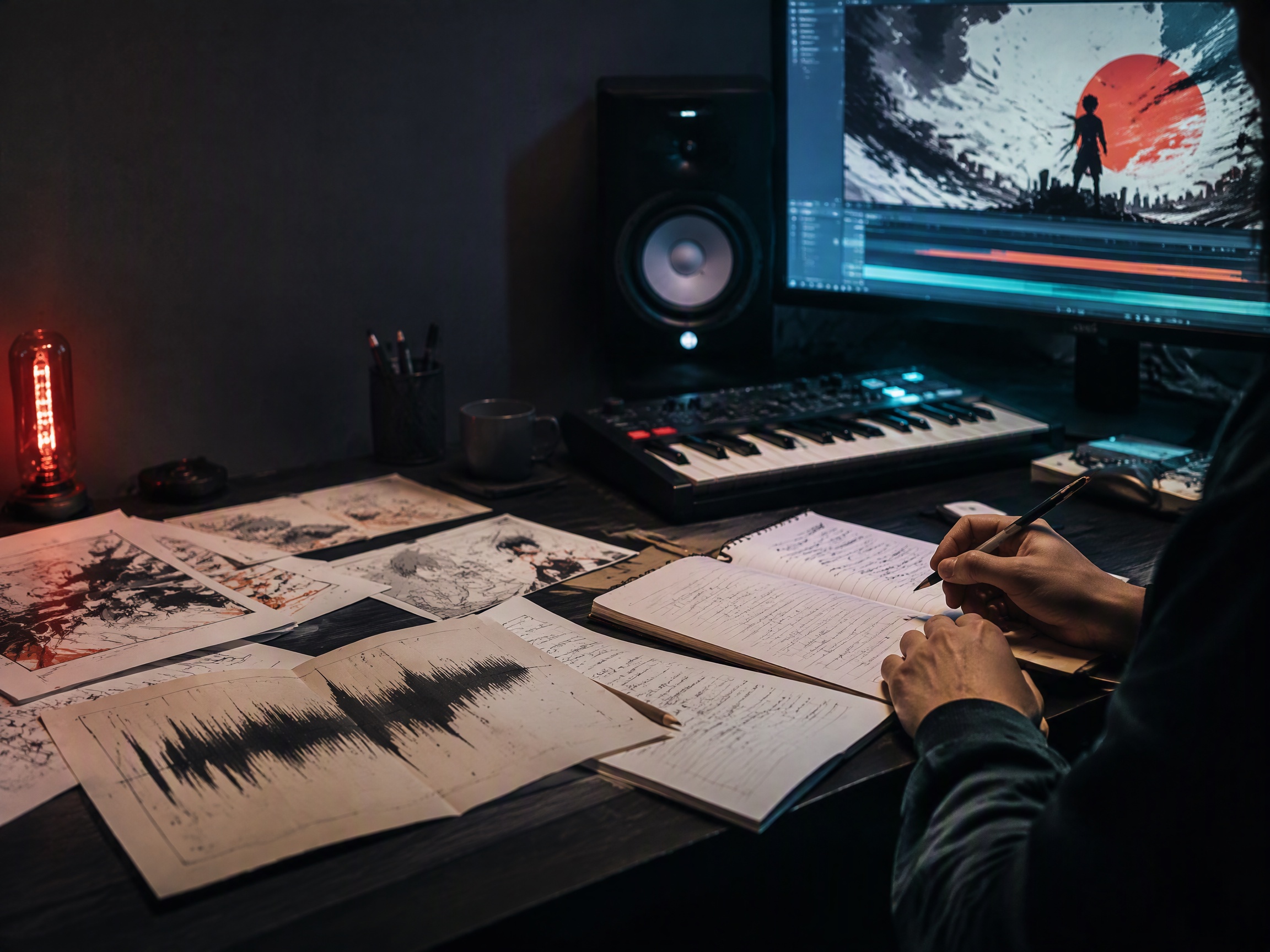 Creative process scene for anime opening music