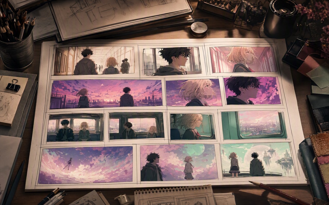 Creative process scene for anime style ai music video music