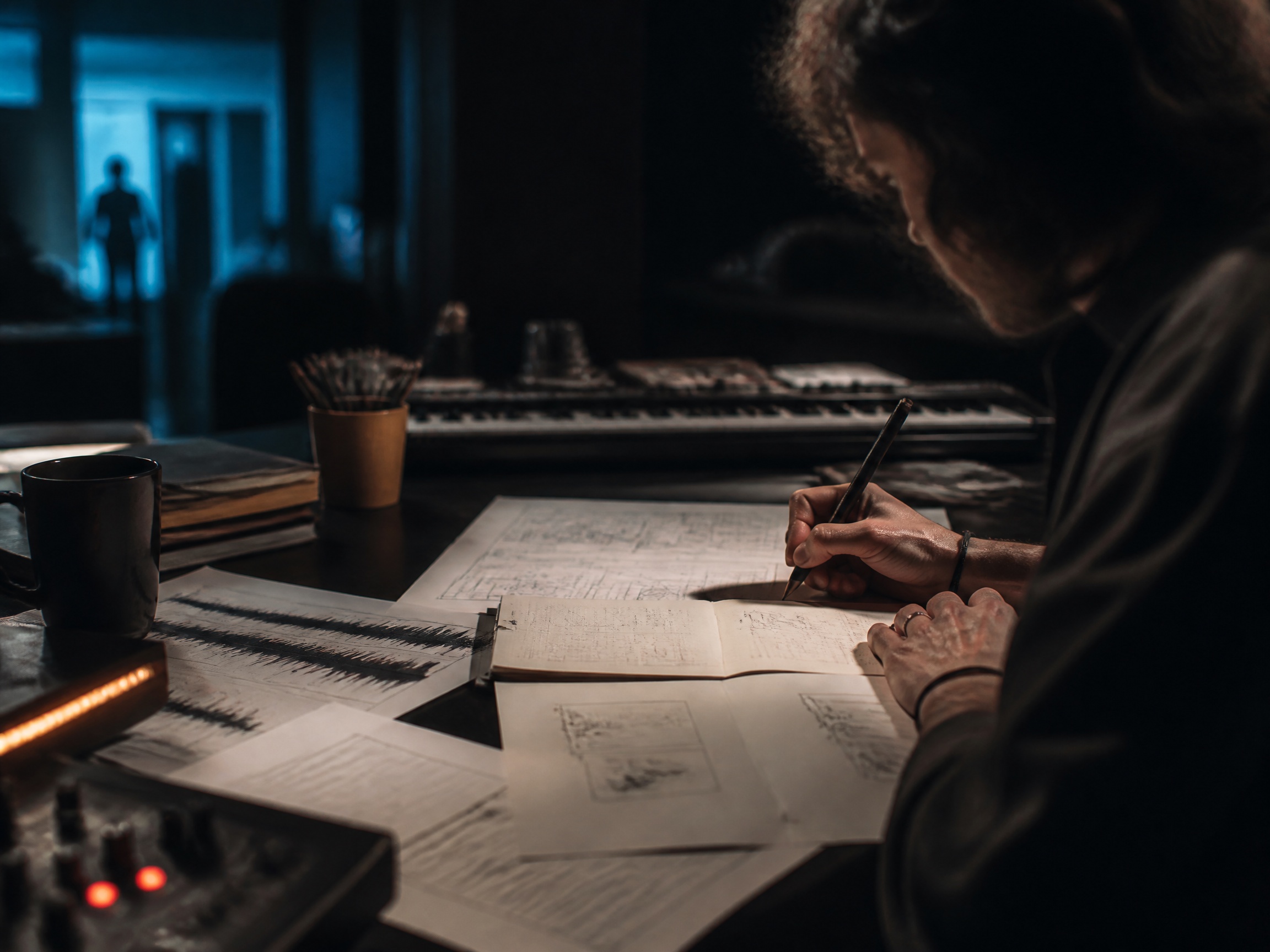 Creative process scene for character theme music