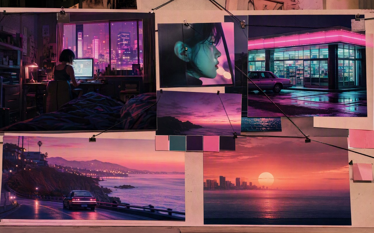 Creative process scene for city pop vaporwave ai mv music
