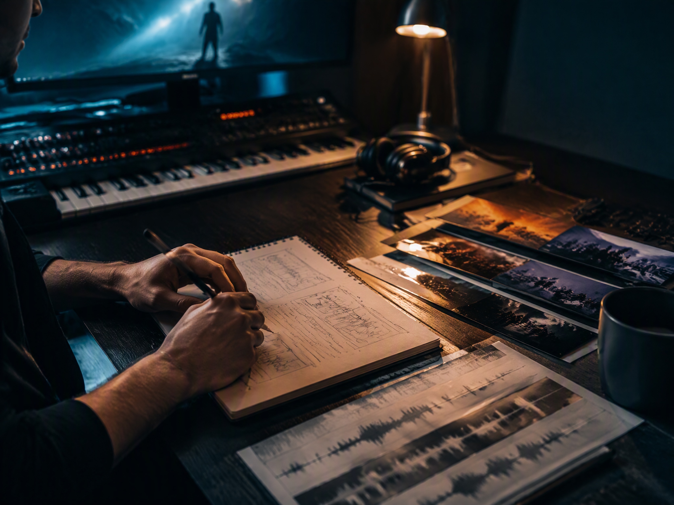 Creative process scene for film trailer music