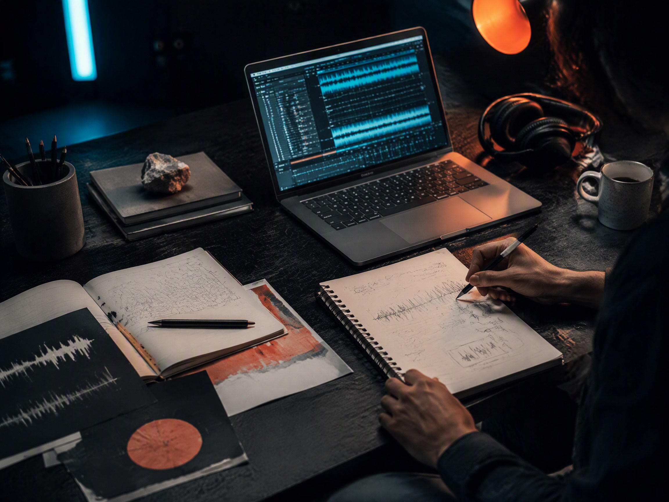 Creative process scene for focus stream music