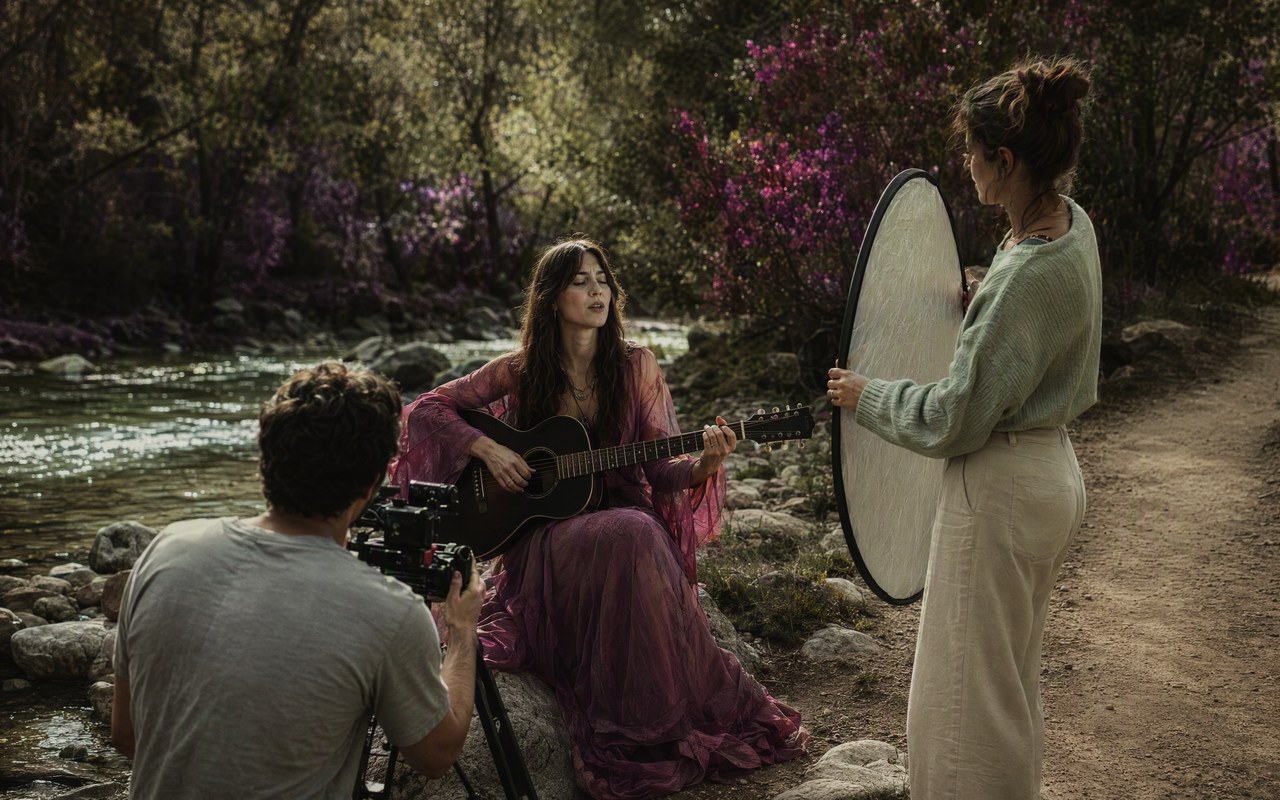 Creative process scene for forest acoustic ai music video music