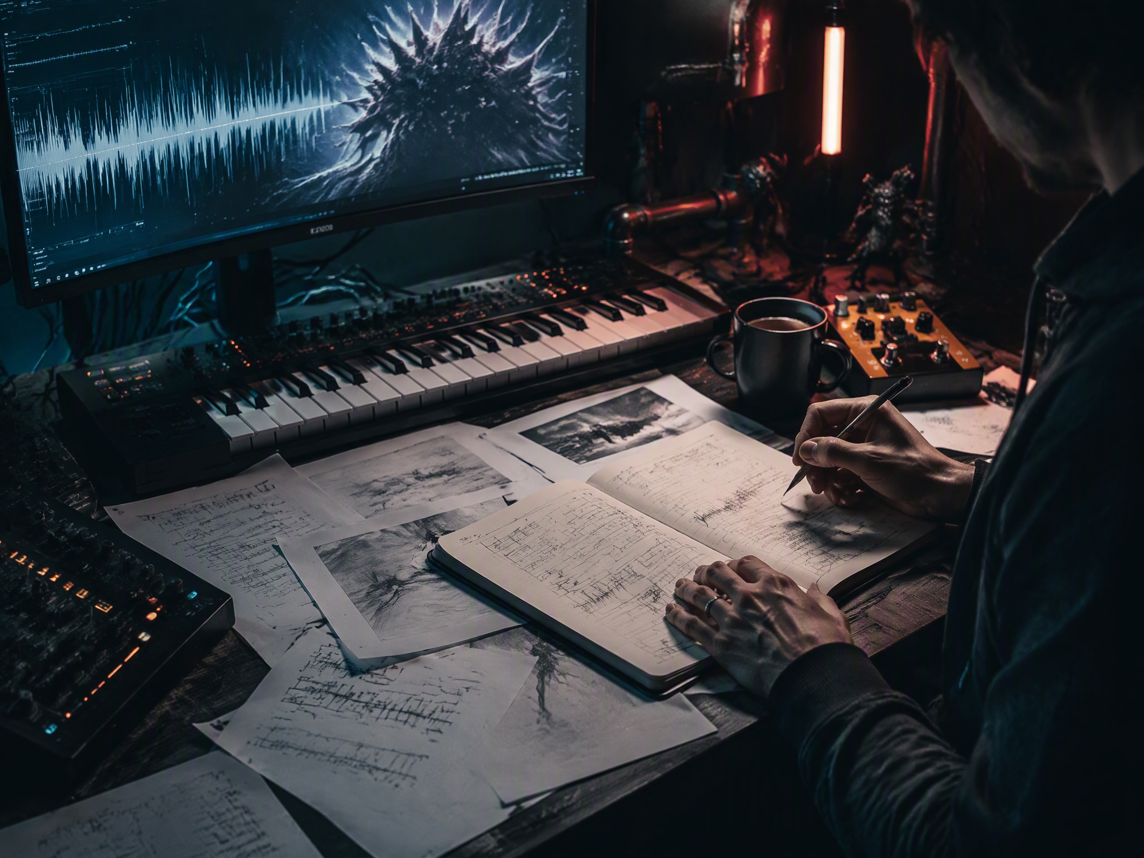 Creative process scene for game boss music