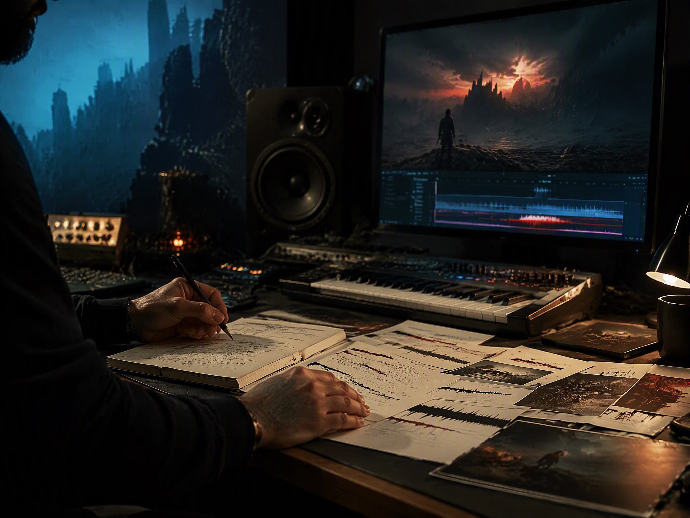 Creative process scene for game trailers music