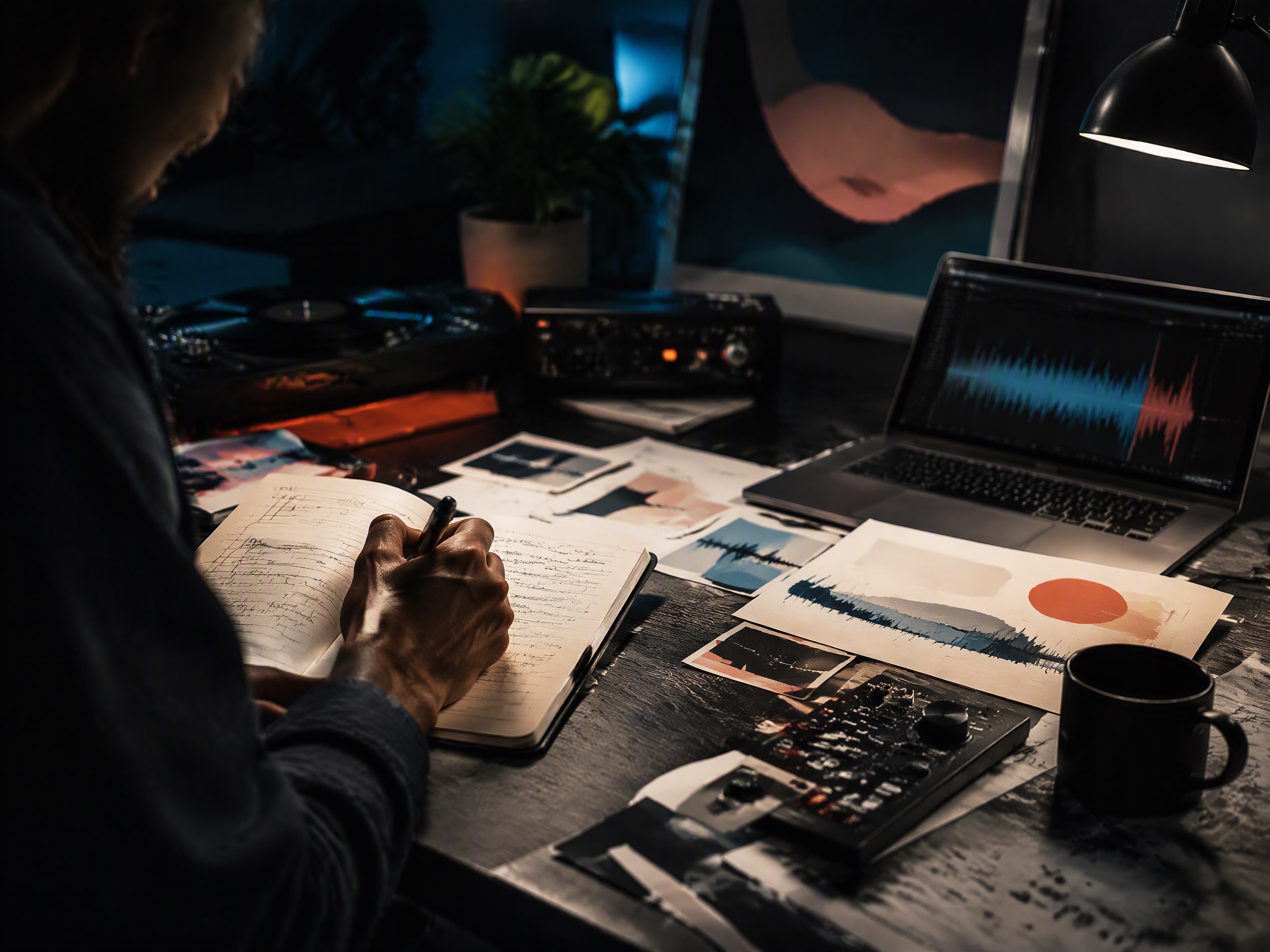 Creative process scene for podcast intro music
