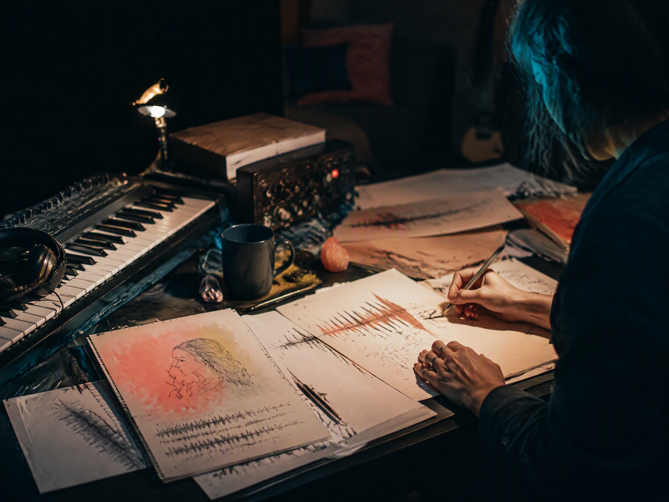 Creative process scene for romance character music