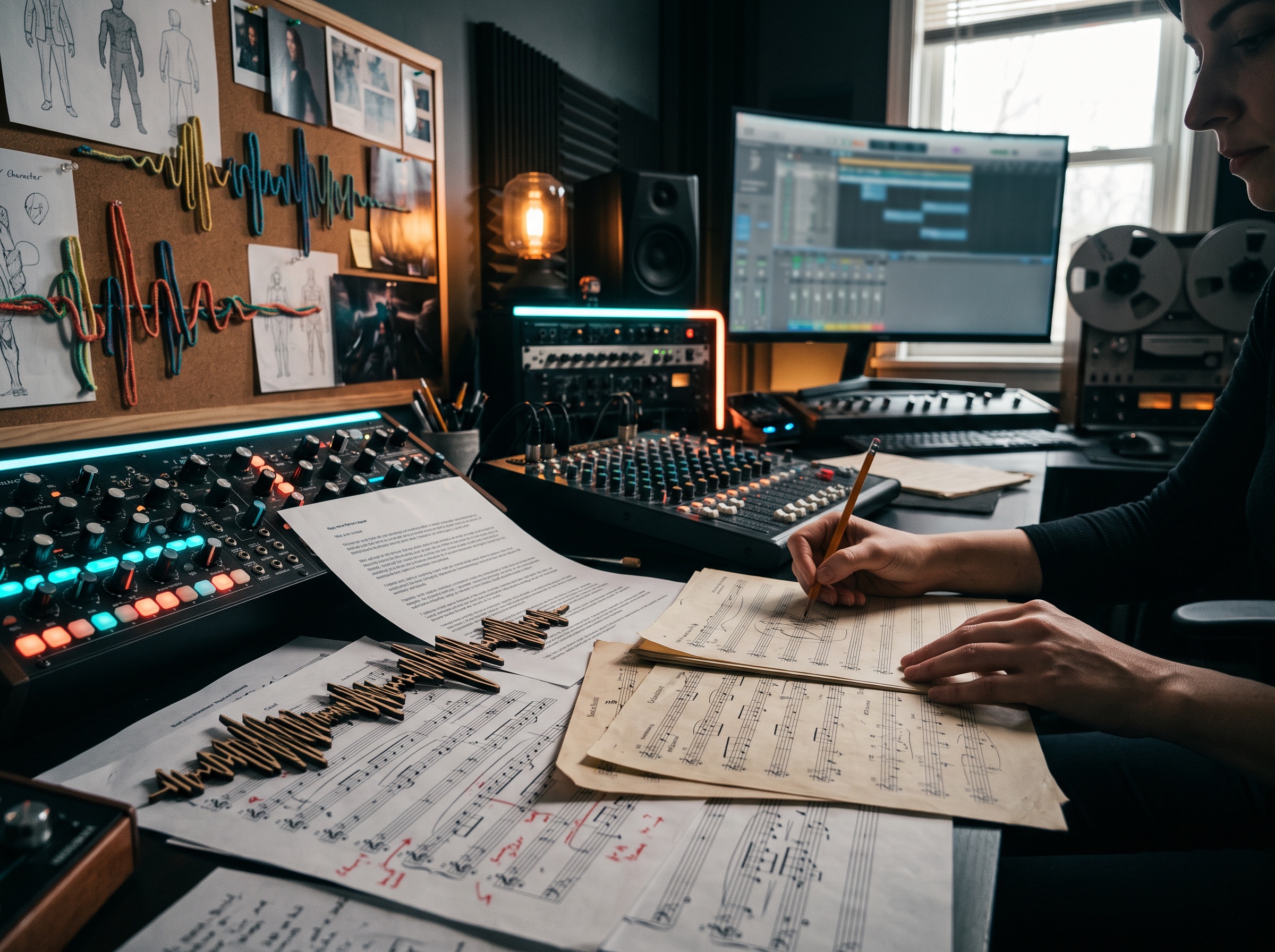 Creative process scene for superhero theme music