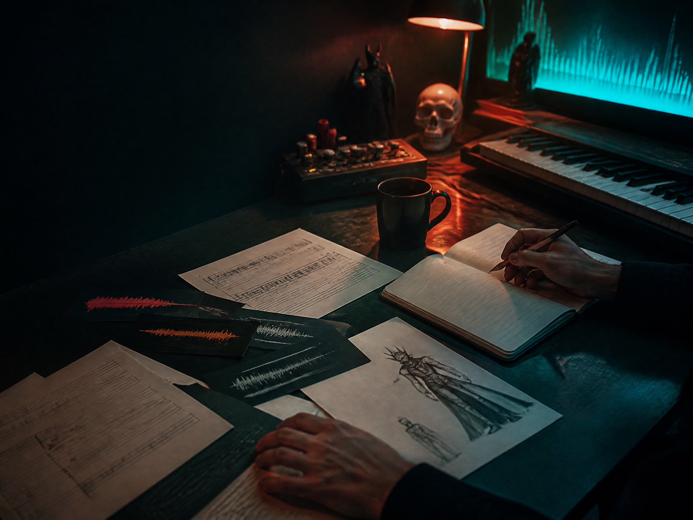 Creative process scene for villain theme music
