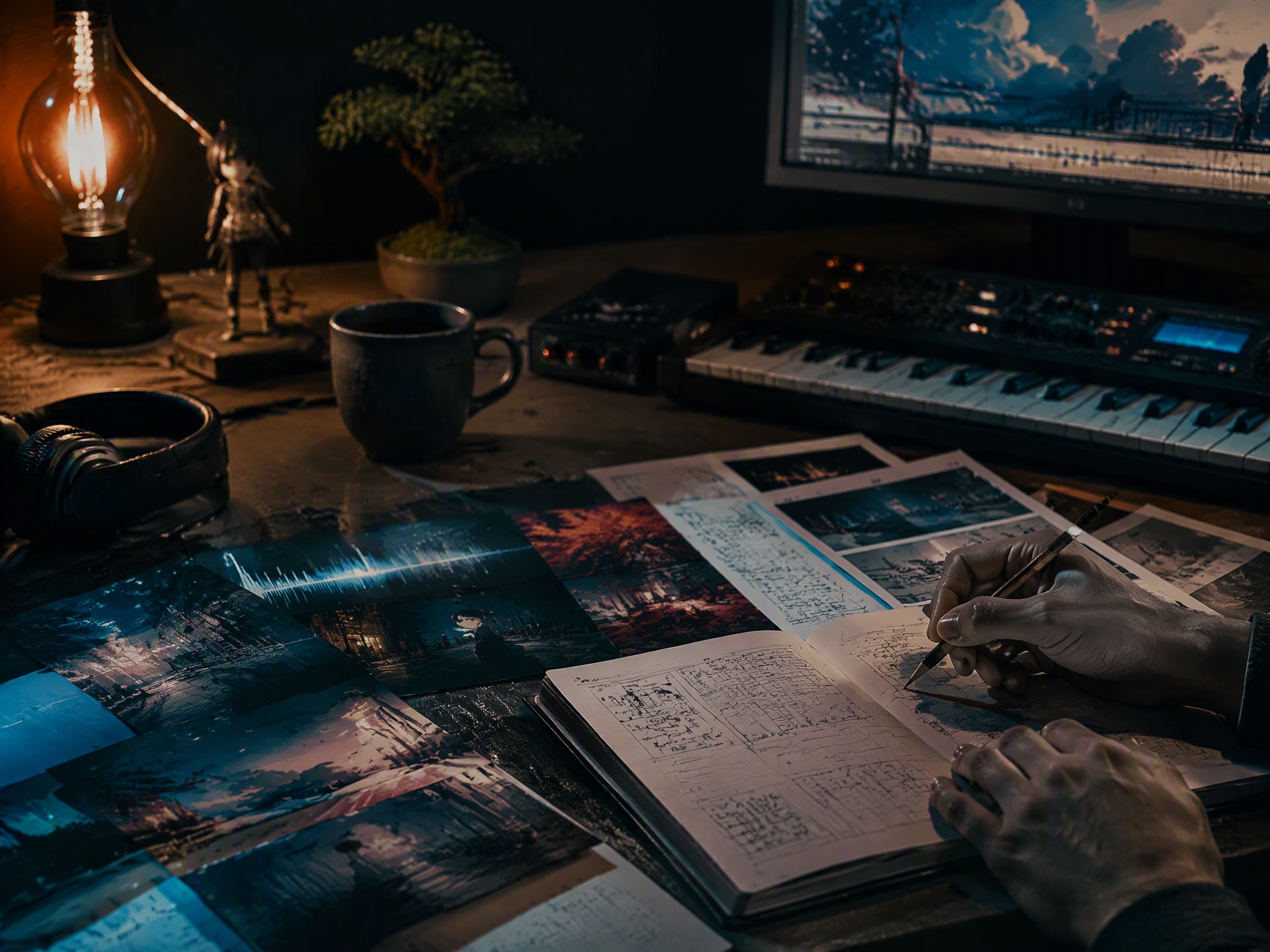 Creative process scene for visual novel music