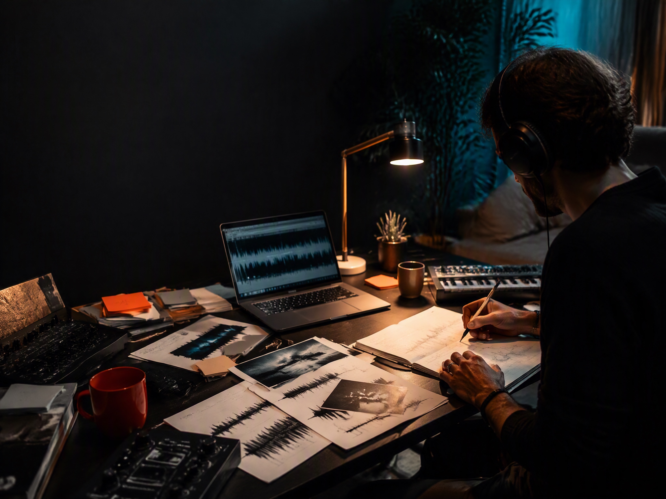 Creative process scene for voiceover music